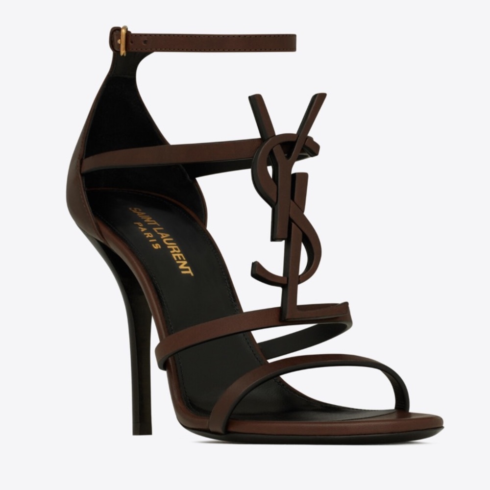 Saint Laurent Cassandra sandals in smooth chocolate brown leather with brown YSL